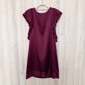 Sunner Women Silk Dress Size 6 Burgundy Ruffle Sleeve Midi Romantic Quiet Luxury